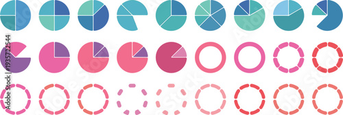 Colorful pie chart and ring diagram vector illustration with segmented circles, data visualization design, infographic elements, analytics concept, distribution representation, progression graphics