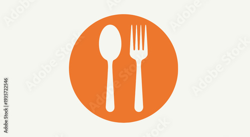 Orange circle with white spoon and fork icon on white background
