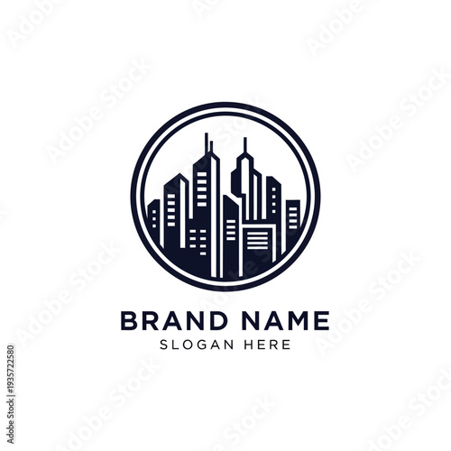 Modern City Skyline Logo Design Template with Brand Name and Slogan.