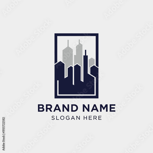 Modern City Skyline Logo Design Template with Brand Name and Slogan Placeholder.