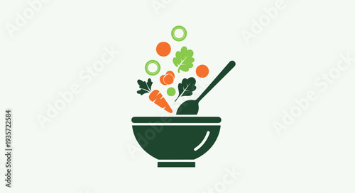 Fresh Salad Ingredients Falling into Bowl with Spoon, Healthy Food Concept Icon