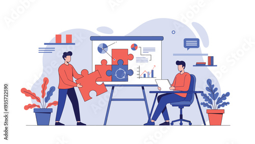 Collaborative problem solving and business strategy development using puzzle pieces to complete a comprehensive project plan.