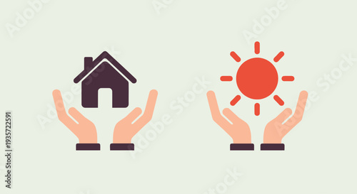 Hands holding house and sun icons, symbolizing home care and solar energy