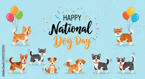 Happy national dog day celebration with cute cartoon dogs and colorful balloons on light blue background