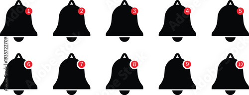 Ten black bell with numbered red notifications black bells white background notification symbols
