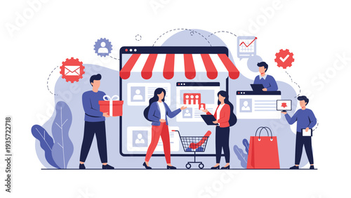 E-commerce and digital shopping experience with customers browsing an online marketplace for products and gifts.