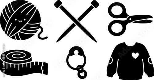 Flat design close up knitting tools icons ball of yarn crossed needles scissors tape measure sweater charms cheerful minimal silhouette