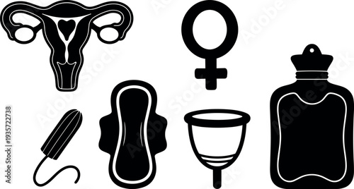 Flat design black silhouette close up menstrual health icons set uterus female symbol tampon pad menstrual cup hot water bottle