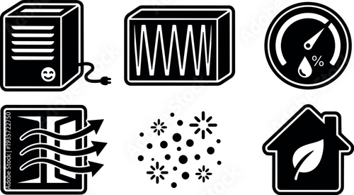 Monochrome flat design hvac icon set with humidifier heater ventilation gauge air purifier home energy leaf symbol simple outline vector