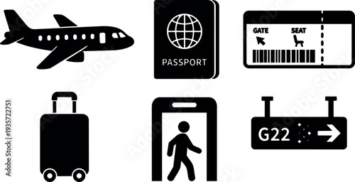 Flat design airport icons set airplane passport ticket suitcase security gate sign boarding pass travel vector silhouettes minimal black isolated
