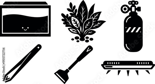 Minimalist vector aquarium maintenance icons tank plants carbon dioxide cylinder tweezers scraper filter media set black silhouettes aerial angle simple monochrome