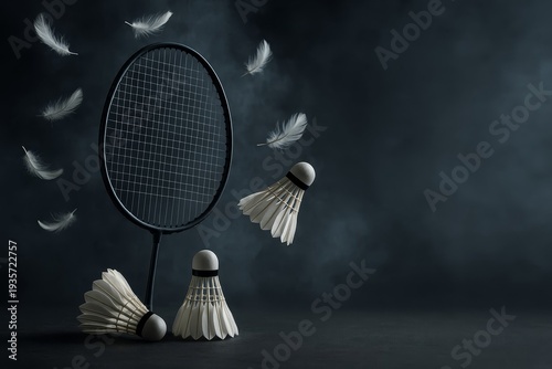 Badminton racket stands surrounded by shuttlecocks and floating feathers, evoking delicate motion. The monochromatic palette adds a minimalist style to this sports equipment imagery.