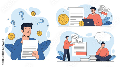 Financial decision making and investment analysis featuring a professional reviewing business documents and money assets.