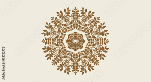 Brown Mandala with Floral and Leafy Pattern on Cream Background