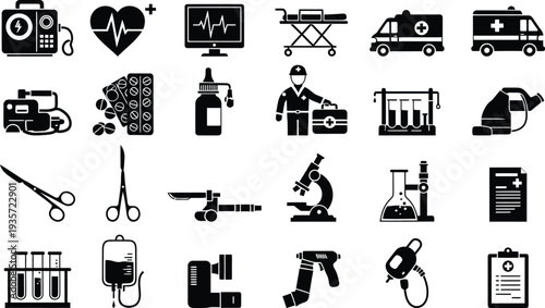 Medical silhouette icons set including ambulance hospital doctor nurse and medical equipment in black on white background silhouette