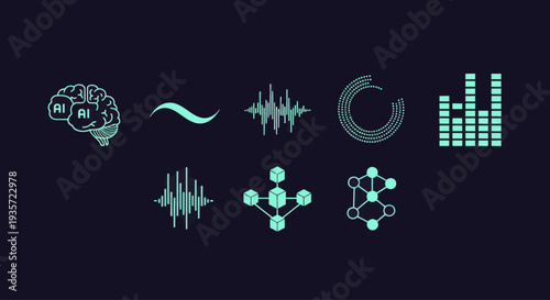 AI Brain and Data Science Icons: Brain, Waveforms, Network, Analytics
