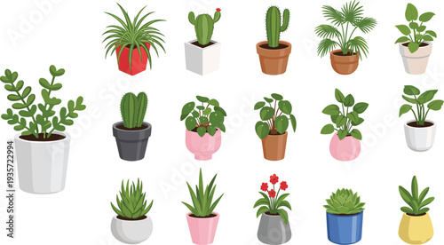 Indoor Potted Houseplants Collection with Cactus Succulents Tropical Plants and Decorative Home Garden Pots Flat Vector Illustration Set.