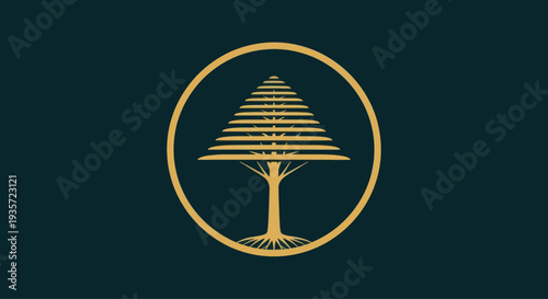 Golden Cedar Tree Emblem in Circle on Dark Teal Background