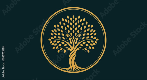 Golden Tree of Life Emblem in Circle on Dark Teal Background
