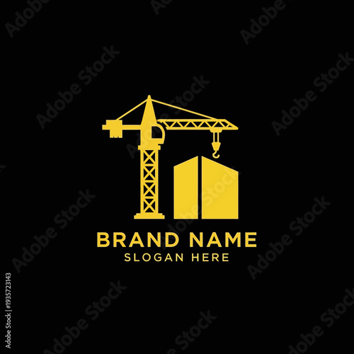 Crane lifting container logo template for construction company branding.
