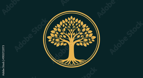 Golden Tree of Life Emblem with Roots in Circle on Dark Green Background