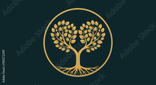 Golden Tree of Life Emblem in Circle on Dark Green Background