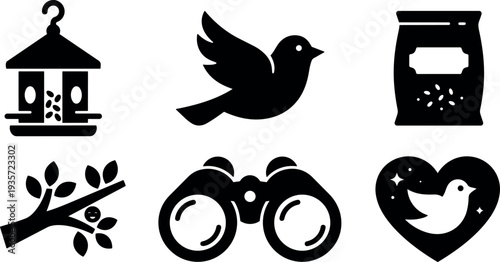 Flat design bird icons set showing hanging feeder flying bird seed bag branch binoculars and heart emblem collection
