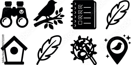 Flat design bird icons set close up bird on branch nest checklist binoculars feather birdhouse location pin simple silhouette vector