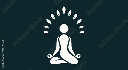 Meditating person silhouette with radiating leaves, symbolizing peace and well-being