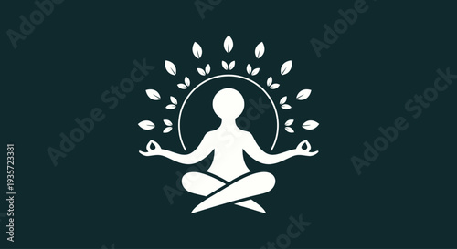 Meditation silhouette with leaves and halo, symbolizing peace, wellness, and inner balance.