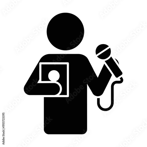 Journalist reporter icon holding microphone and document for news reporting minimalist black silhouette vector