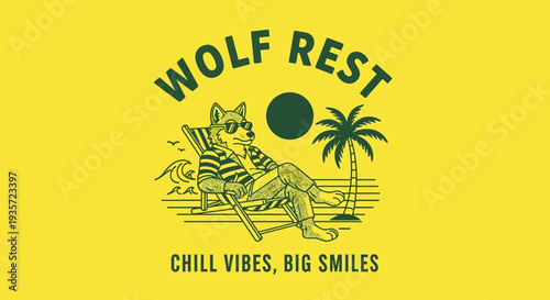 Illustration of Wolf Relaxing on Beach Chair.