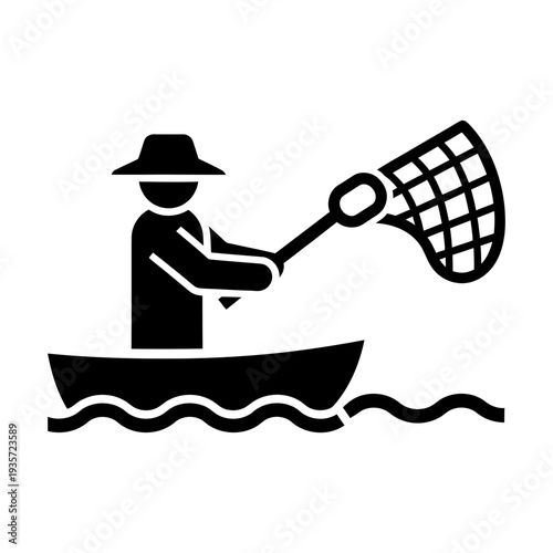 Fisherman in a boat using a fishing net icon silhouette