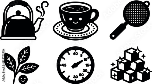 Flat icon set kettle teacup tea strainer tea leaves kitchen timer sugar cubes black silhouette vector minimal line icons collection
