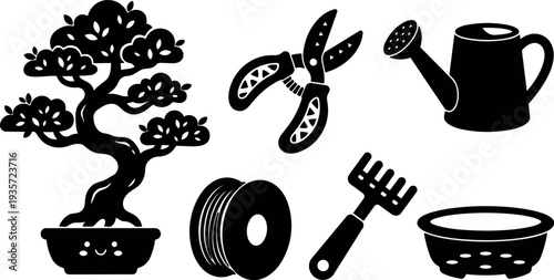 Minimalist vector bonsai tree and pruning shears watering can soil rake pot close up flat design silhouette black simple icon