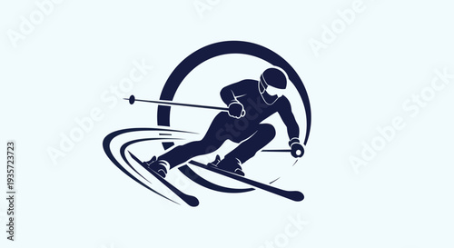 Silhouette of a skier in action, dynamic pose with snow trails and circular graphic element