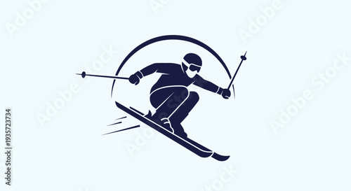 Silhouette of a skier in mid-air against a circular arc