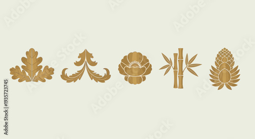 Golden Ornamental Elements: Oak Leaf, Scroll, Lotus, Bamboo, Pinecone