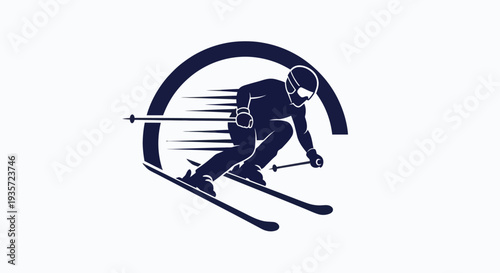 Silhouette of a skier in motion, speed lines, circular graphic element, winter sport icon