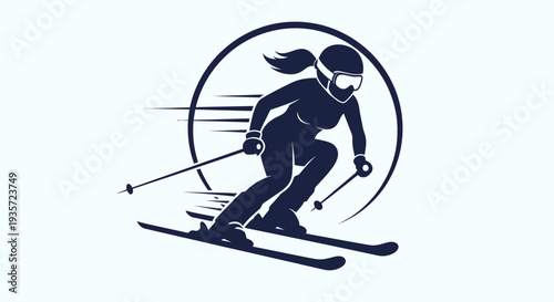Silhouette of a woman skiing down a slope, dynamic motion lines, winter sports icon