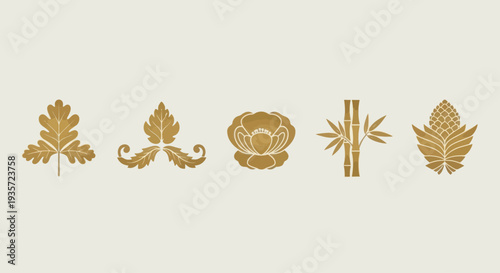 Golden Japanese Mon Crests: Leaves, Flower, Bamboo, Pine Cone