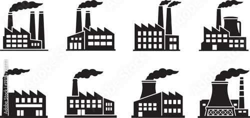 Collection of Industrial Factory Buildings with Smoking Chimneys in Various Architectural Styles