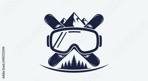 Ski Goggles and Snowboards with Mountains and Forest Silhouette