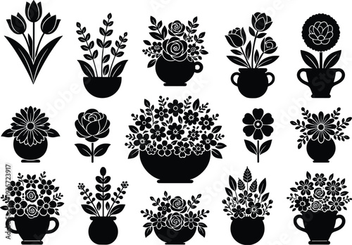 Floral arrangement silhouettes in decorative vases, tulips, roses, daisies, botanical vector artwork, natural flower design collection for decorative, artistic, and pattern themes