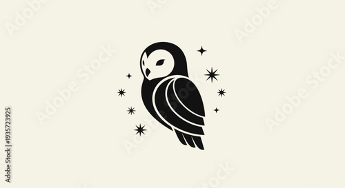 Minimalist Owl Silhouette with Stars Icon on Cream Background