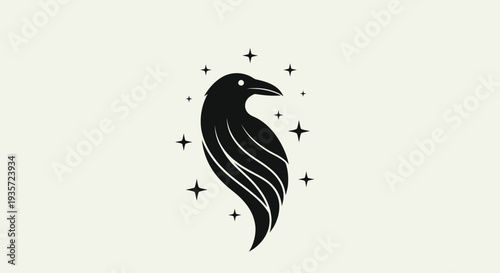 Mystical Raven Silhouette with Stars, Vector Logo Design