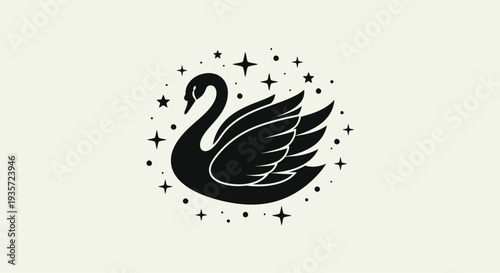 Black swan silhouette with stars and sparkles on cream background