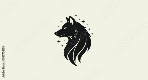 Stylized Black Wolf Head Silhouette with Stars on Light Background