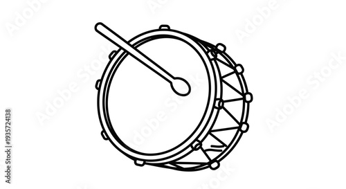 Drum with Drumstick Simple Line Drawing.