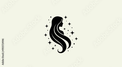 Silhouette of a woman with flowing hair surrounded by stars